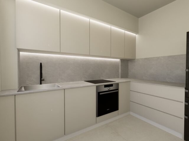 Modern fitted kitchen with stone worktop and integrated oven, Golf Houses new build townhouse
