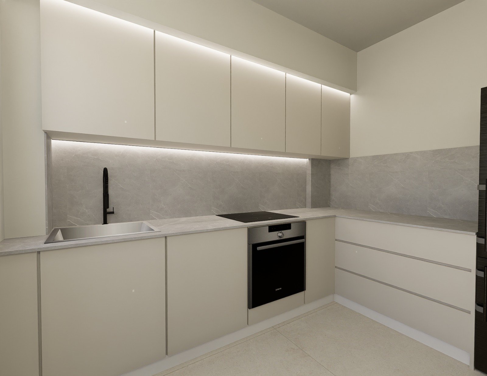 Modern fitted kitchen with stone worktop and integrated oven, Golf Houses new build townhouse