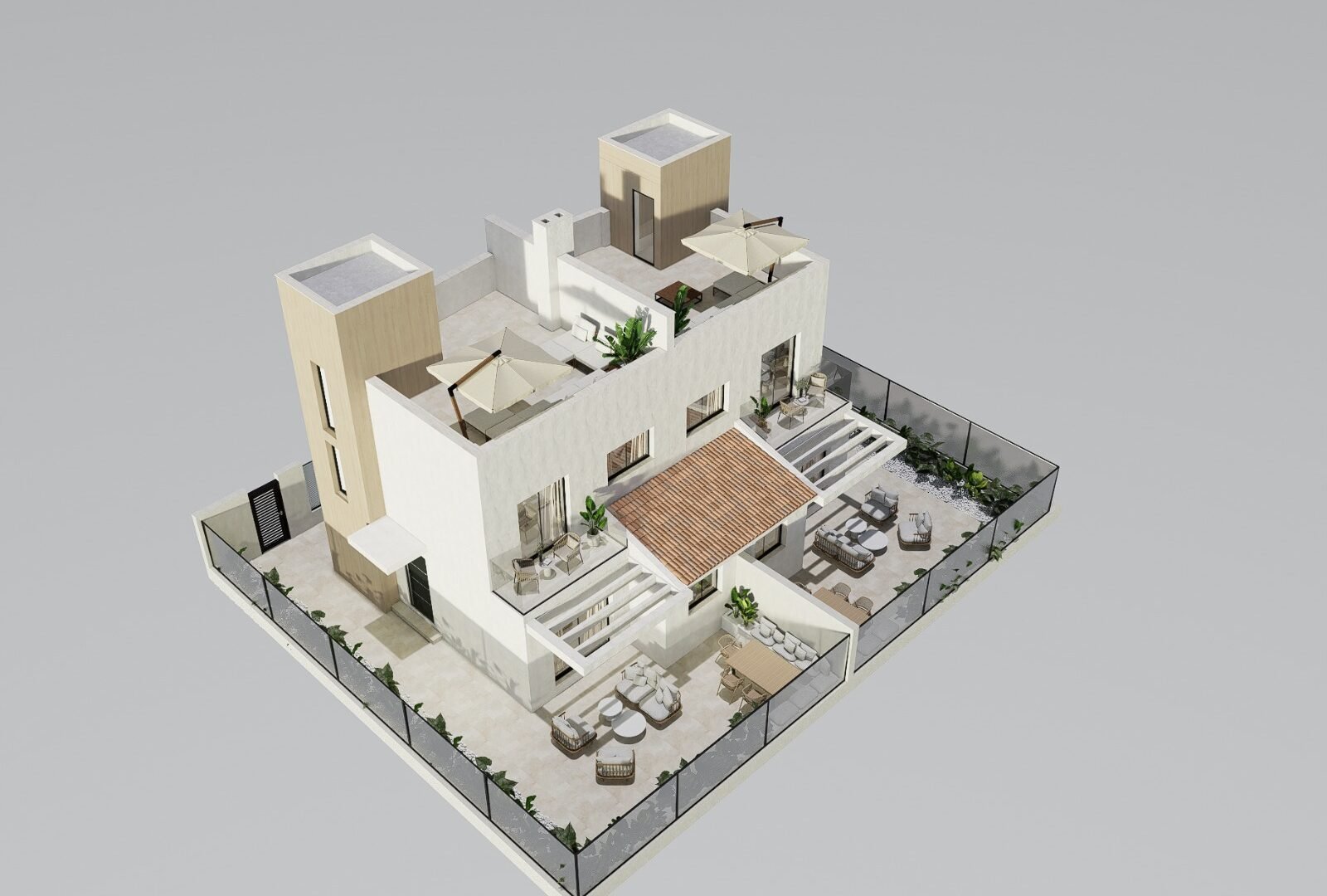Aerial view of the two Golf Houses new build townhouses in Ciudad Quesada