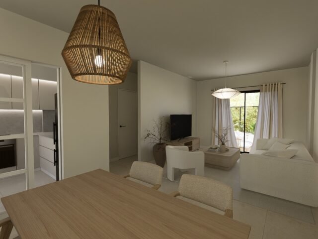 Open-plan living and dining area with garden terrace access, Golf Houses new build townhouse