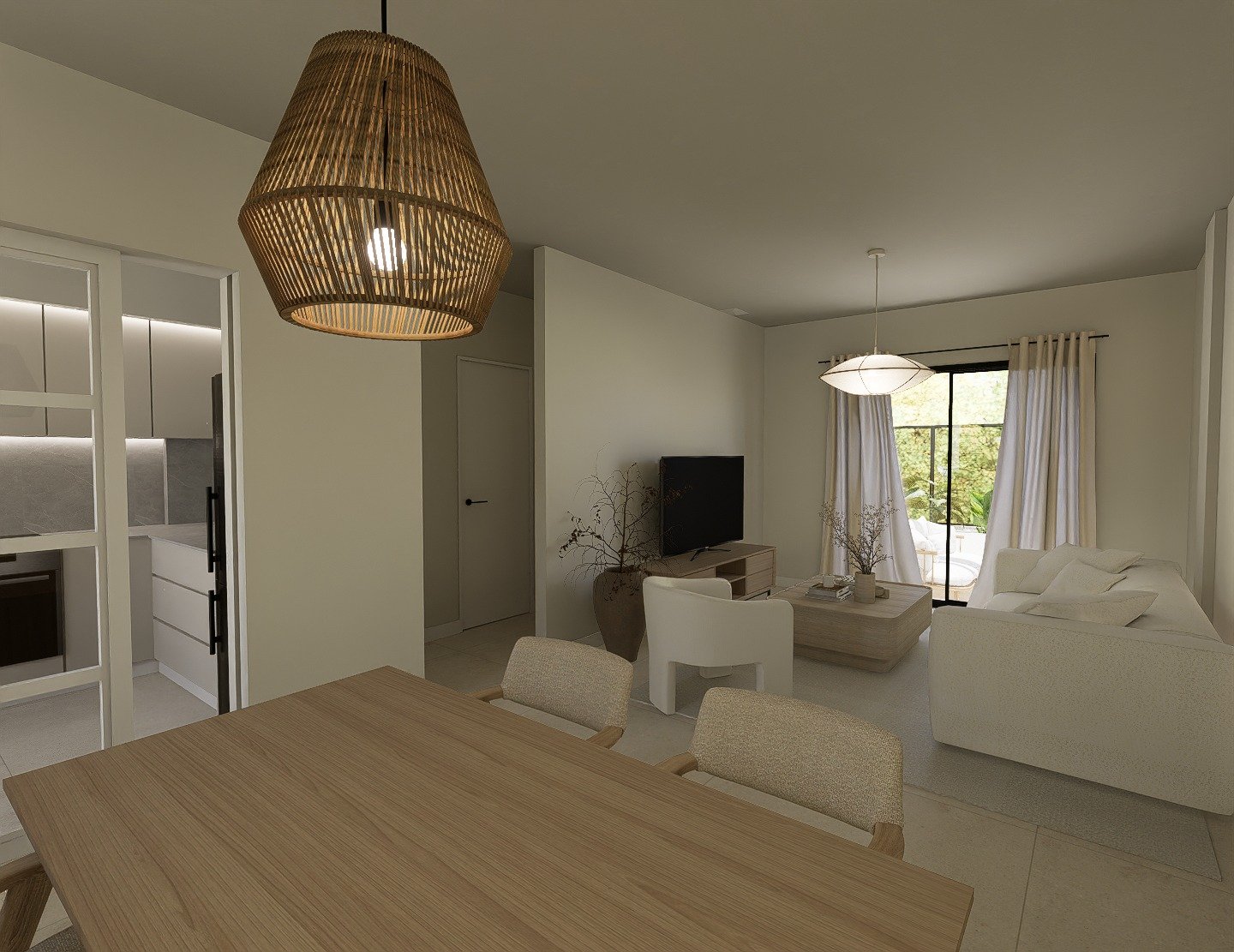 Open-plan living and dining area with garden terrace access, Golf Houses new build townhouse