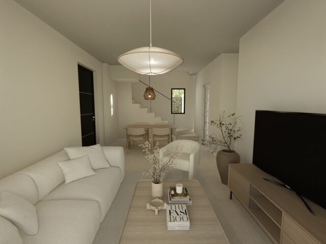 Living room with staircase to first floor, Golf Houses new build townhouse