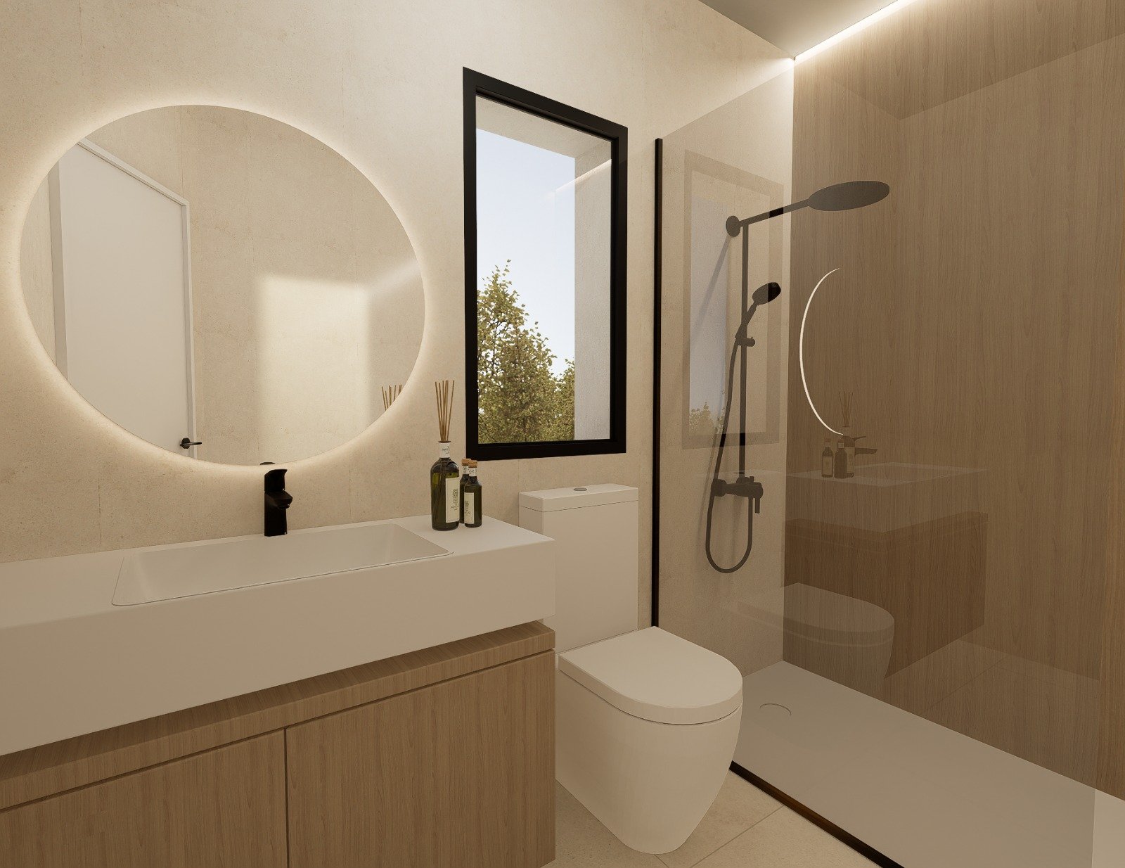 Modern bathroom with walk-in shower and backlit round mirror, Golf Houses new build townhouse