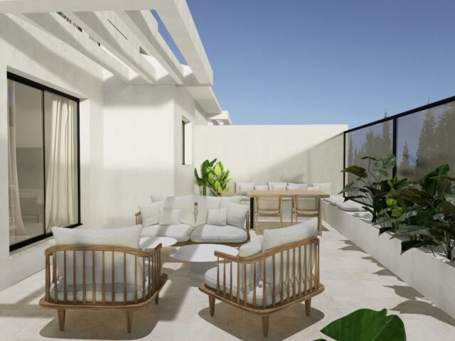 Rooftop solarium with pergola and outdoor lounge furniture, Golf Houses new build townhouse