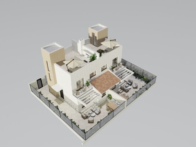 Aerial view of the two Golf Houses new build townhouses in Ciudad Quesada