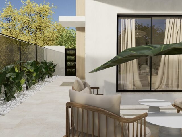 Private garden terrace with outdoor dining area, Golf Houses new build townhouse