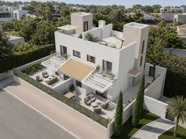 Aerial daytime view of the Residencial Montesol townhouses, Ciudad Quesada
