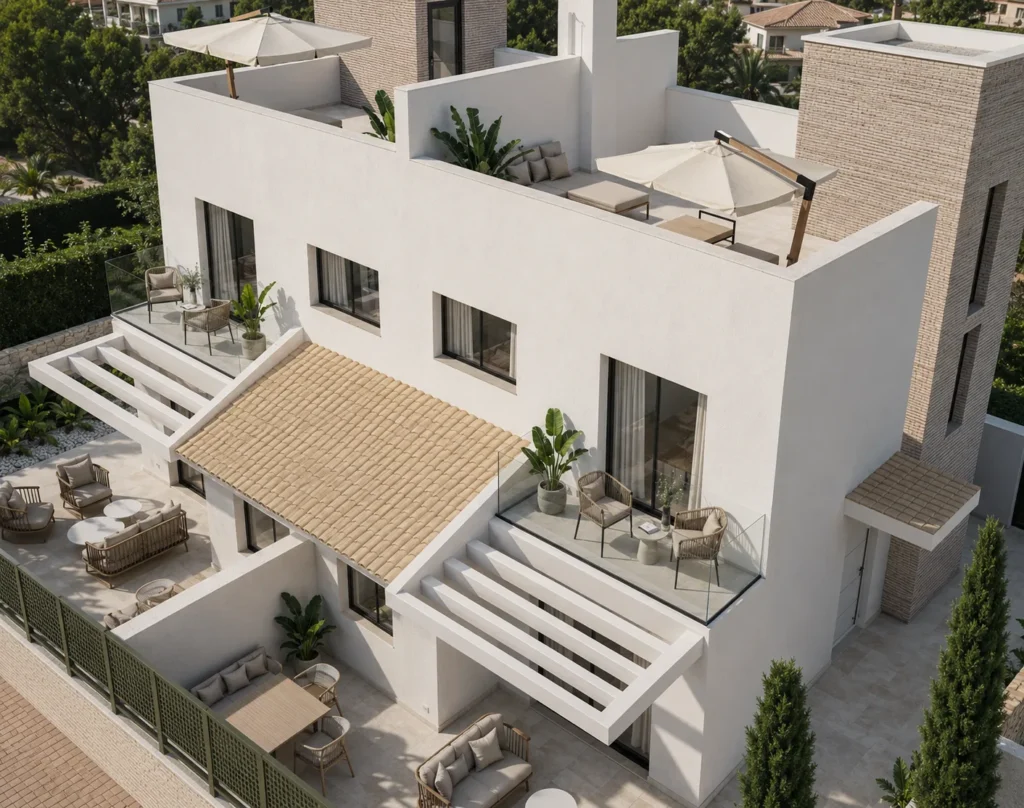 Flygfoto dagtid över Residencial Montesol och tomtens utformning