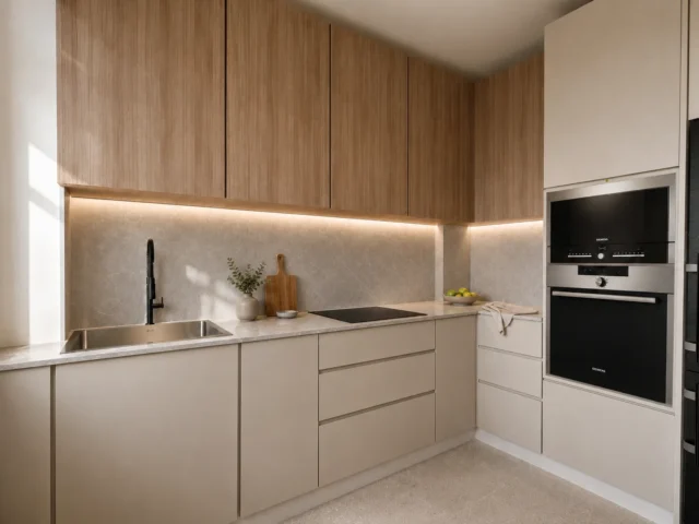 Modern fitted kitchen with stone worktop and integrated oven, Residencial Montesol