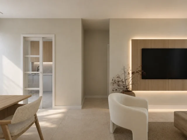 Living area with a view towards the kitchen and the TV wall, Residencial Montesol