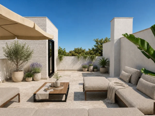 Private rooftop solarium with lounge furniture and sun umbrella, Residencial Montesol